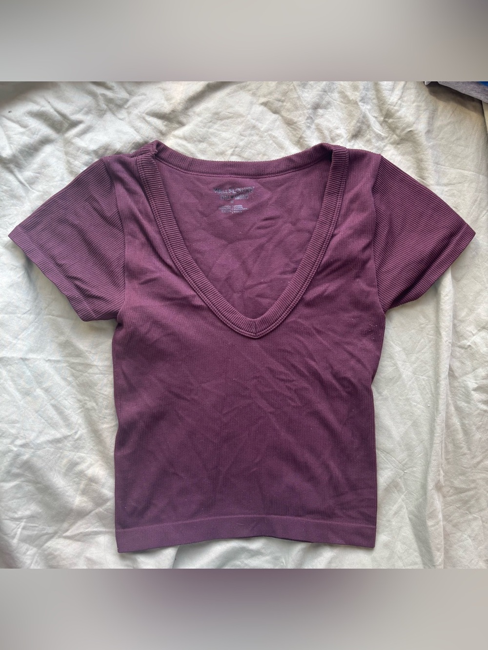 Wallflower Deep V Short Sleeve Ribbed Top - Plum